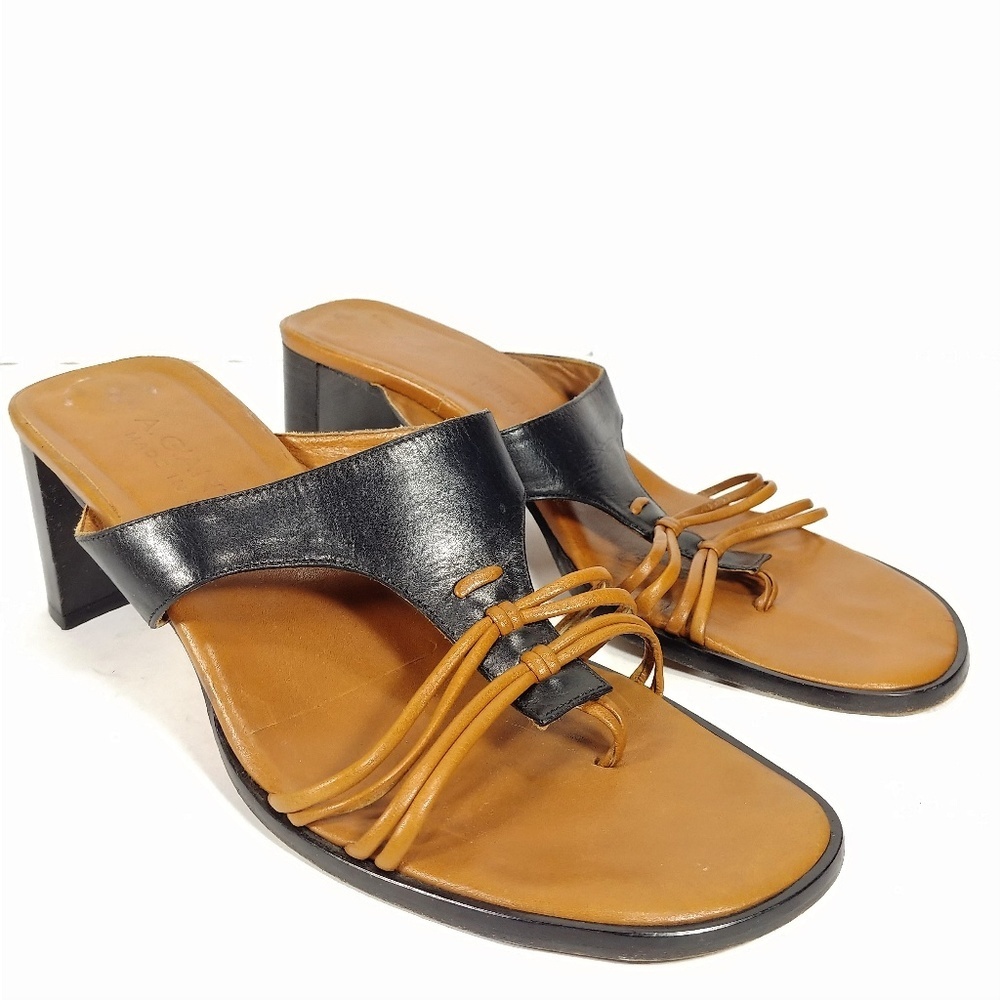 A. Giannetti Italy Heeled Black Leather Thong Sandal Sz 7B Stacked block heel.